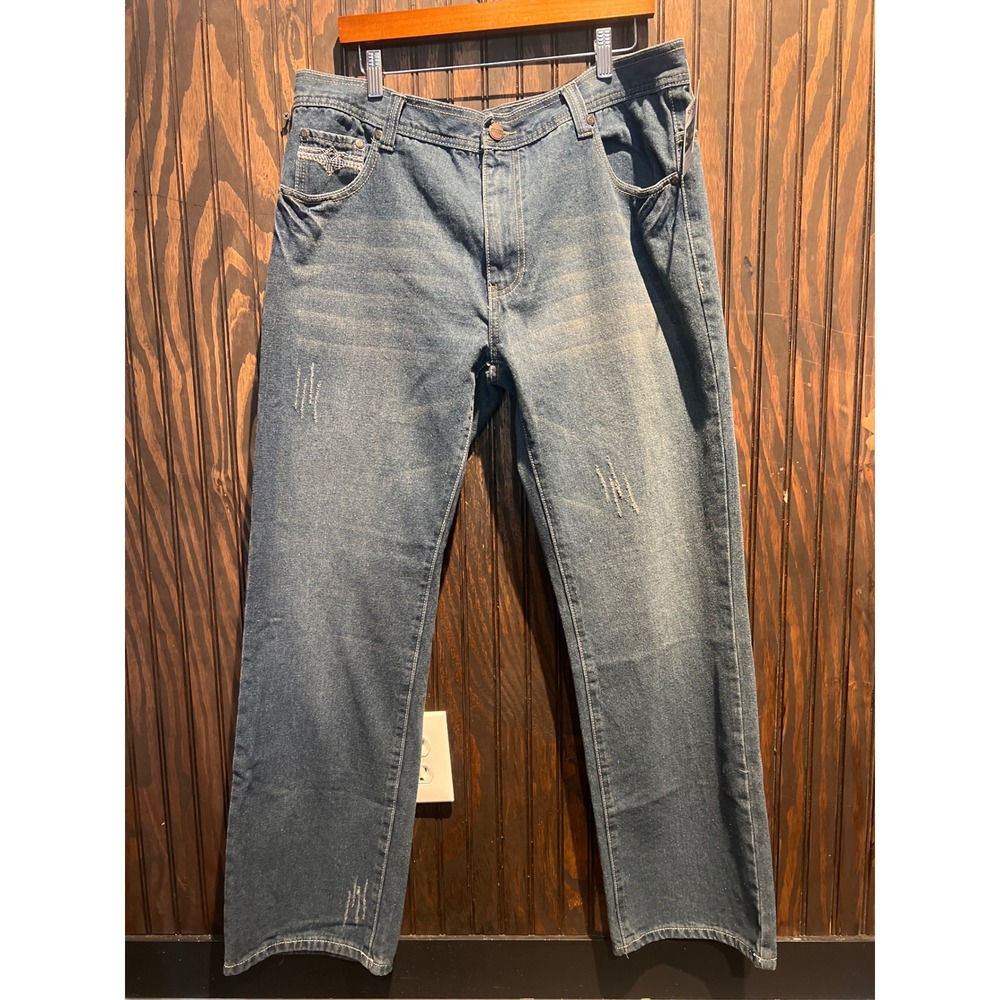 Jinzu Original Denim Jeans Co Mens 36x30 Distressed Straight Leg Streetwear Blue